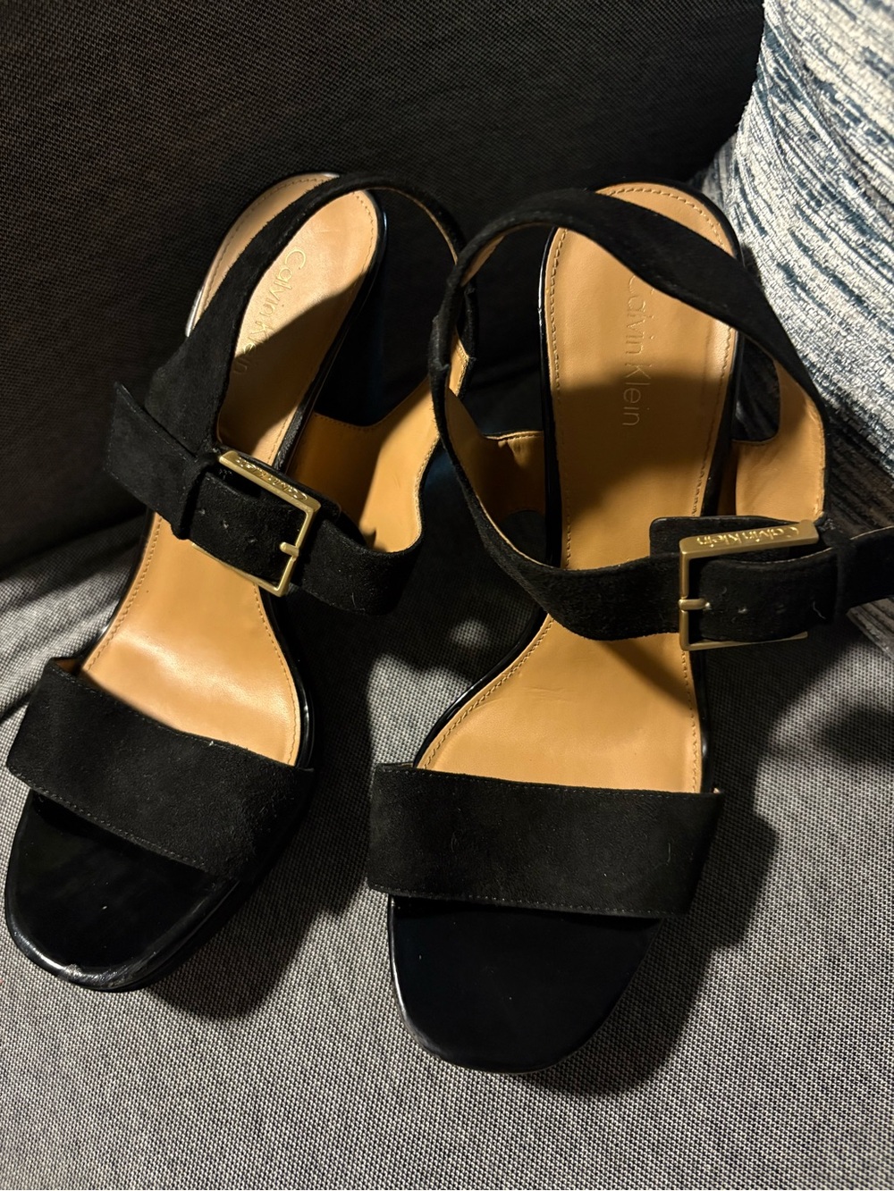Calvin Klein Black Suede Block Heel Sandals with Gold Buckle